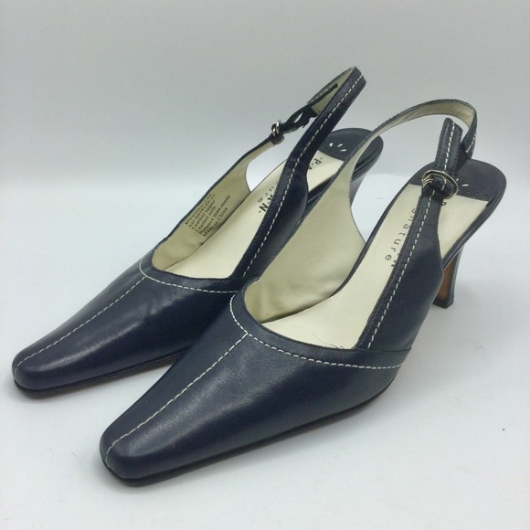 Shoes - Parisian Signature Leather Slingback Pumps Navy